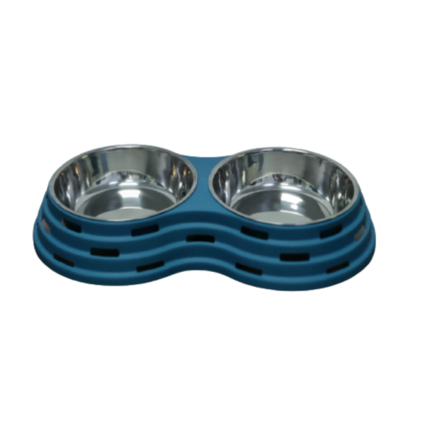 Double Dining Pet Feedrer With Stainless Steel Bowl & Non Slip Rubber Bottom-Blue -41.5*22*7Cm