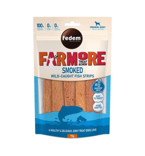 Fedem Farmore Jerky for Dogs – Smoked Wild-Caught Fish Strips 75g